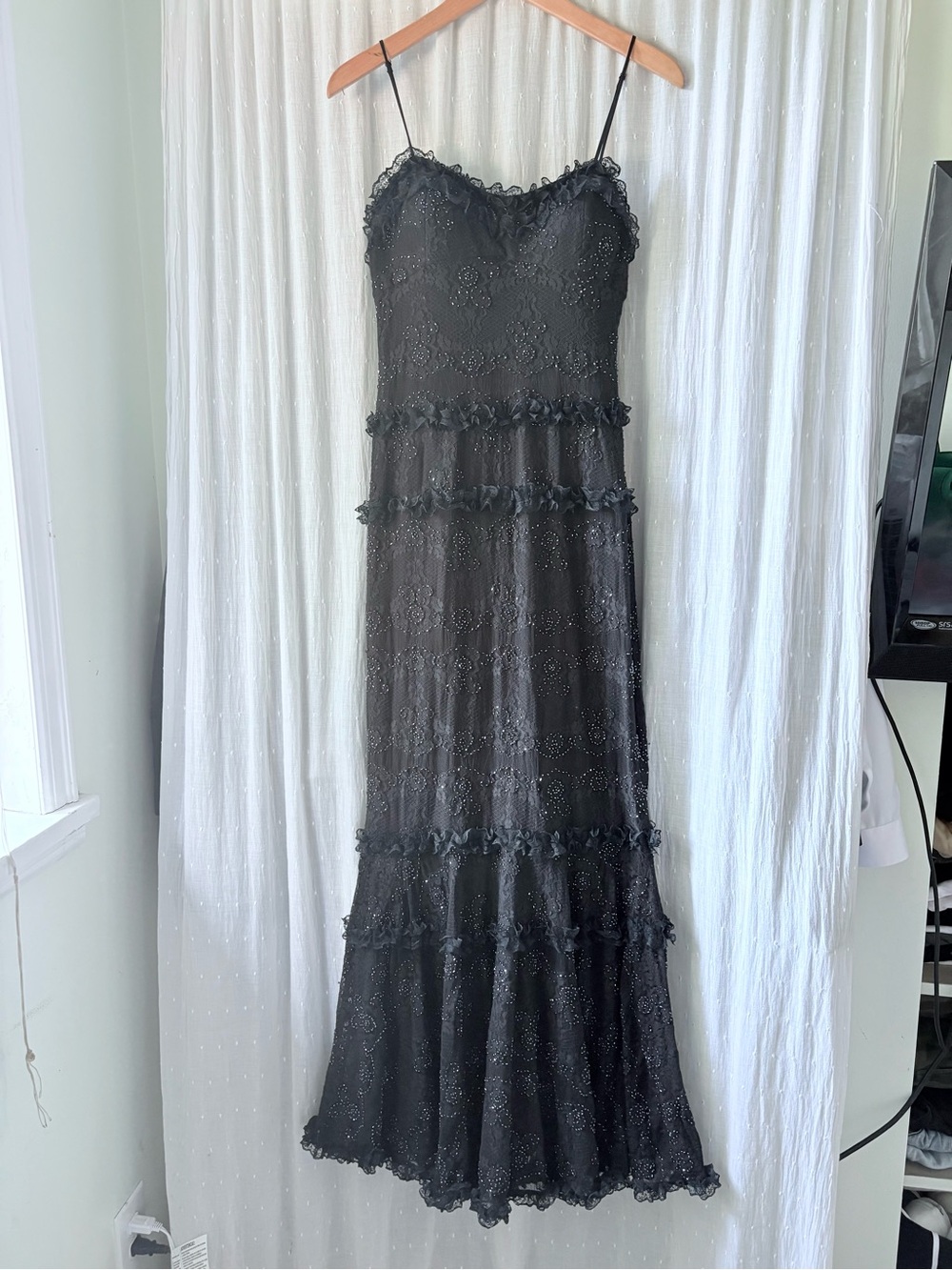 Vintage 90s/Y2K Nina Austin Black Beaded Lace Tiered Maxi Dress